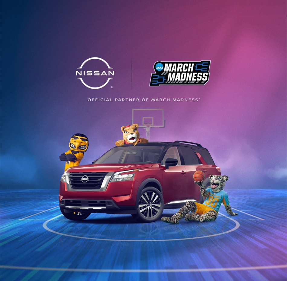 March Madness Nissan ARIYA surrounded by mascots